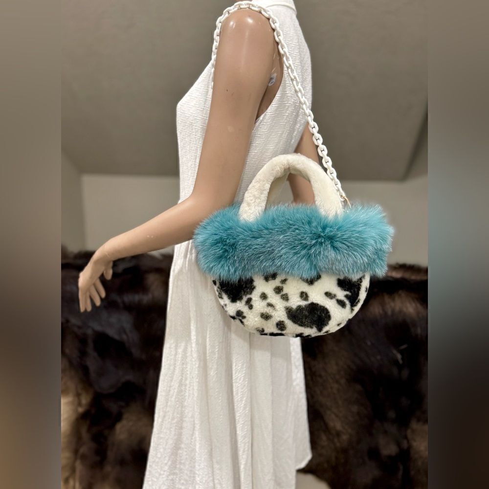 Colorblock Handmade Real Fox Fur & Shearling leather Top Handles Bag/Multi Use - Picture 2 of 16